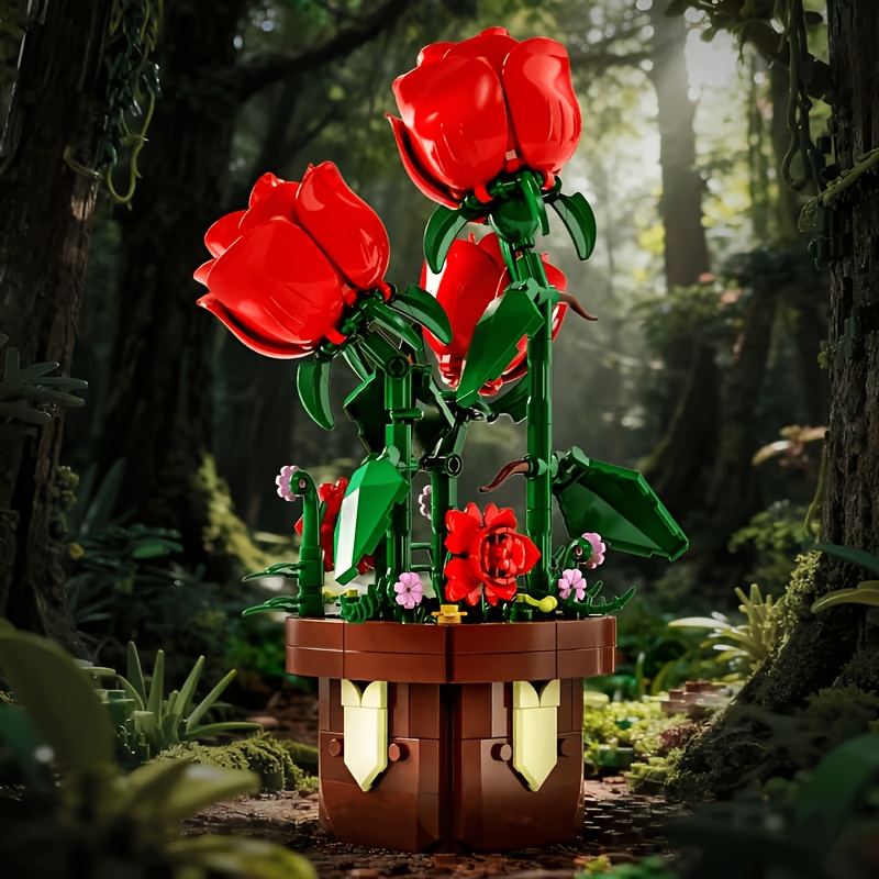 Creative Red Rose Potted Flower Model Building Block